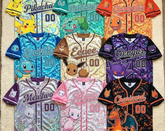 Poke Birthday Baseball Jersey Kids, Eevee gengar Squirtle Shirt, Custom Name Number, Poke Party Outfit, Family Matching Jersey