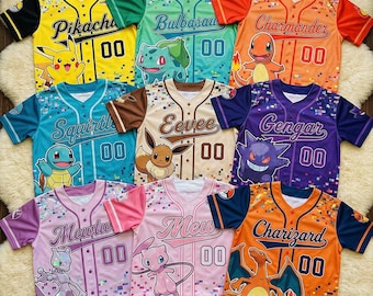 Poke Birthday Baseball Jersey Kids, Eevee gengar Squirtle Shirt, Custom Name Number, Poke Party Outfit, Family Matching Jersey