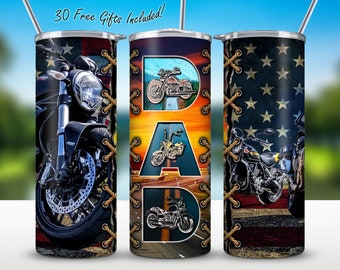 Biker Dad Flag 20oz Skinny Tumbler, Motor Dad Tumbler, Straight/Tapered Tumbler Wrap Png Sublimation, Father&#39;s Day Tumbler