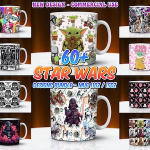 Puede incluir: Una colección de tazas con temática de Star Wars con varios diseños, incluyendo personajes como Darth Vader y Baby Yoda. Las tazas blancas presentan gráficos coloridos y el texto "60+ STAR WARS DESIGNS BUNDLE - MUG 325ml / 444ml".