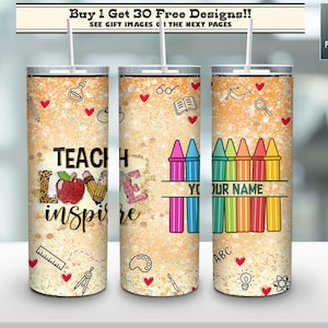 Teach Love Inspire Custom Name Tumbler Skinny 20 Oz Png Tumbler Straight & Tapered Wrap Png Sublimation, Teacher Personalized Tumbler PNG