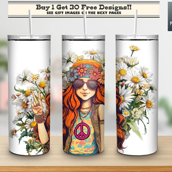 Peace Hippie Girl With Daisy 20oz Skinny Tumbler Wrap, Gypsy gift Bohemian Gift For Her, Gift For Hippie Friend