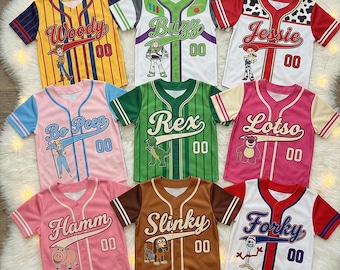 Toy Story Baseball Jersey Kids – Woody Buzz Lightyear Jessie Rex Lotso Shirt, Disney Pixar Character Outfit, Birthday Gift for Boys Girls