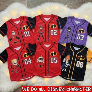 May include: A collection of baseball-style jerseys featuring characters from The Incredibles. The jerseys are red, black, purple, and yellow, with character graphics and numbers. The text at the bottom reads "WE DO ALL DISNEY CHARACTER".