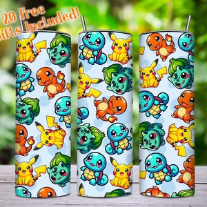 Poke Monsters 20oz Skinny Tumbler Png, Video Game Tumbler Png, Cartoon Characters Wrap Png, Cartoon Movies Tumbler Png, Digital Download