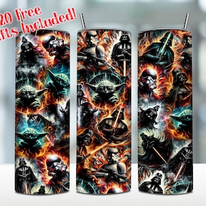 Puede incluir: Tres vasos de acero inoxidable con temática de Star Wars. Los vasos presentan imágenes de Darth Vader, Yoda y Stormtroopers sobre un fondo de fuego. El texto "20 Free Gifts Included!" es visible en un vaso.