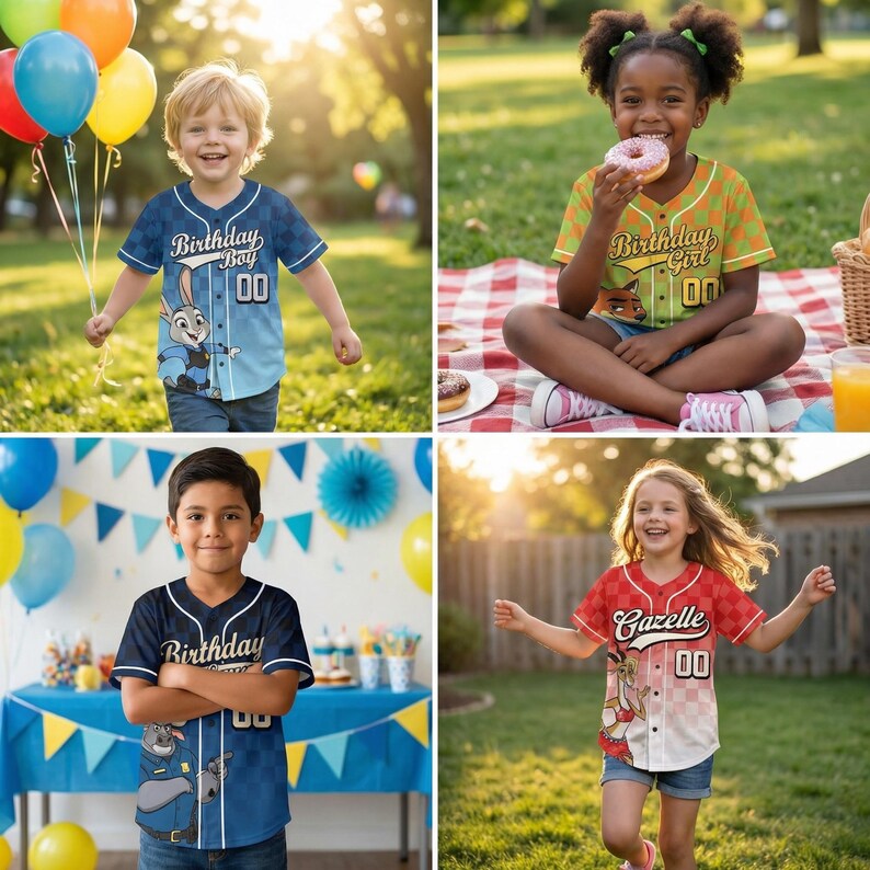 K&ouml;nnte beinhalten: Vier Kinder tragen Baseballtrikots mit Zeichentrickfiguren. Die Trikots tragen die Aufschriften "Birthday Boy", "Birthday Girl" und "Gazelle" sowie die Nummer "00". Die Trikots sind blau, gr&uuml;n und rot.