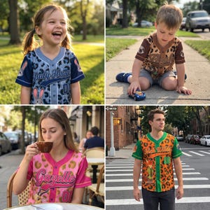 May include: A collection of four button-down baseball jerseys featuring Zootopia characters. The shirts display Judy Hopps in blue leopard print, Flash in brown leopard print, Gazelle in pink leopard print, and Nick Wilde in orange leopard print.