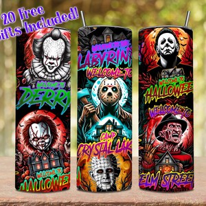 Envoltura de terror espeluznante (Png), vaso de terror de Halloween (Png), vaso delgado de 20 oz de Horror Killers (Png), envoltura de vaso de películas de terror, descarga digital