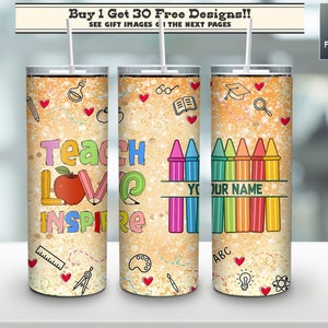 Teach Love Inspire Custom Name Tumbler Skinny 20 Oz Png Tumbler Straight & Tapered Wrap Png Sublimation, Teacher Personalized Tumbler PNG