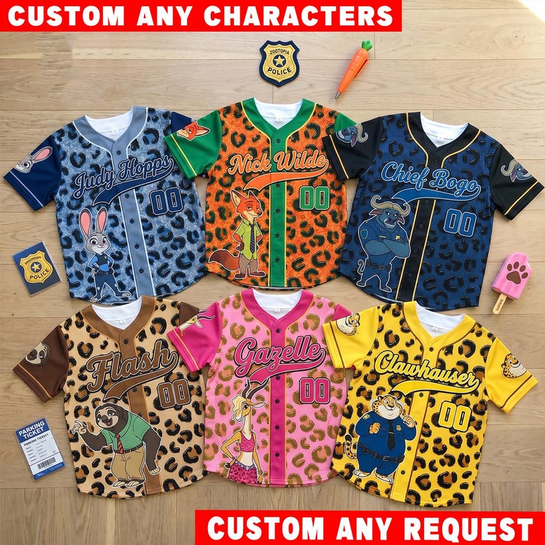 May include: Six short-sleeved button-down baseball jerseys featuring Zootopia characters Judy Hopps, Nick Wilde, Chief Bogo, Flash, Gazelle, and Clawhauser. Each jersey displays a unique animal print pattern, character name, and the number 00.