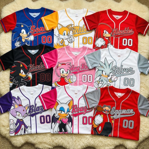 Sonic Baseball Jersey for Kids, Sonic Tails Knuckles Shadow Amy Jersey, Sega Gaming Outfit Gift for Boys Girls, Birthday Gift Y2K Jersey
