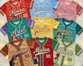 Disney Princess Baseball Jersey for Girls – Cinderella, Ariel, Belle, Jasmine, Rapunzel Shirt, Cute Cartoon Outfit Birthday Gift, Y2K Jersey