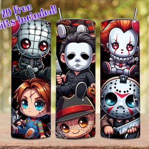 Envoltura para vaso de películas de terror, vaso delgado de 20 oz de Horror Killers (PNG), envoltura de terror espeluznante (PNG), vaso de terror de Halloween (PNG), descarga digital