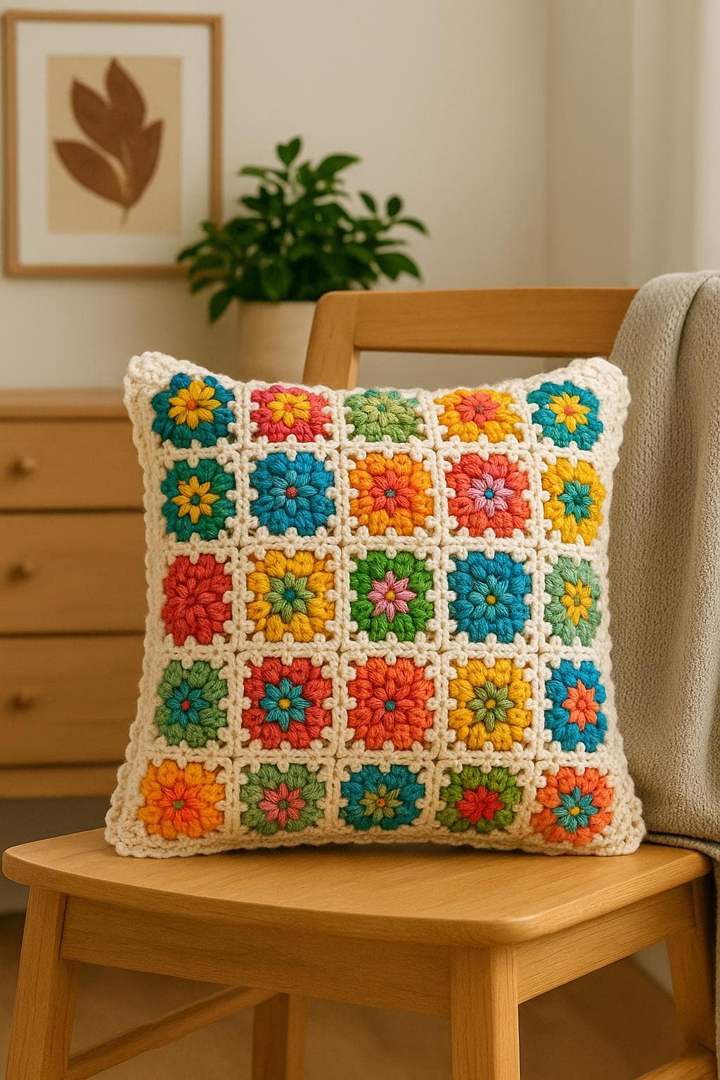 Puff-Flower Granny Square Crochet Pillow
