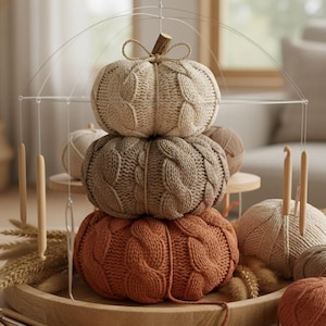 May include: Three stacked, knitted pumpkins in beige, brown, and orange hues, arranged on a wooden tray. The pumpkins have a cable-knit design and are topped with a twig stem. Yarn balls and crochet hooks are also visible.