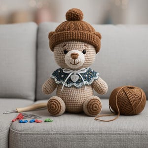 Op de afbeelding: Een gehaakte teddybeer met een bruine hoed en een blauw-witte kraag met een hartvormige hanger. Een bol bruin garen, een haaknaald en knutselspullen liggen naast de beer op een grijze ondergrond.
