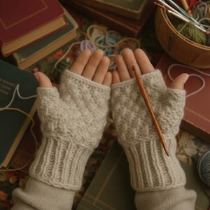 Könnte beinhalten: Hellgraue Fingerhandschuhe mit strukturiertem Muster, gehalten mit einem hölzernen Häkelhaken. Im Hintergrund Bücher, Wolle und ein Korb mit Häkelzubehör, was auf ein Bastelthema hindeutet. Die Handschuhe sind wahrscheinlich aus Wolle.