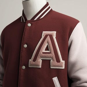 May include: A maroon and white letterman jacket with a large, embroidered "A" on the chest. The jacket has a striped collar and button closure. The sleeves are white, and the body is maroon.