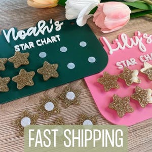 May include: Green and pink star charts with the names "Noah's" and "Lily's" in white script. Each chart has gold glitter star-shaped reward tokens. The text "STAR CHART" is printed in white block letters.