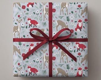 Winter Woodland Animals on Light Blue Wrapping Paper - Deer Fox & Floral Gift Wrap