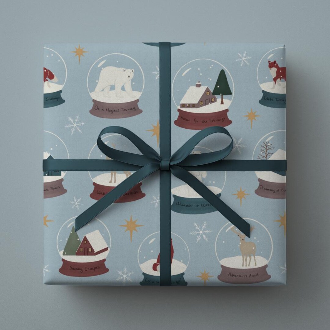 Snow Globe Christmas Wrapping Paper Vintage Holiday Cabin & Woodland