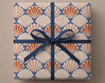 Blue and Orange Shell Wrapping Paper - Nautical Seashell Gift Wrap Roll - Coastal Beach Theme Paper - Summer Birthday Gift Wrap