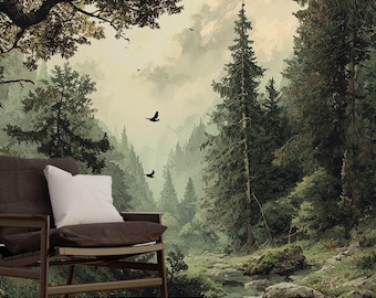 Nature Tree Forest Wallpaper   Green Birds Landscape  Murals