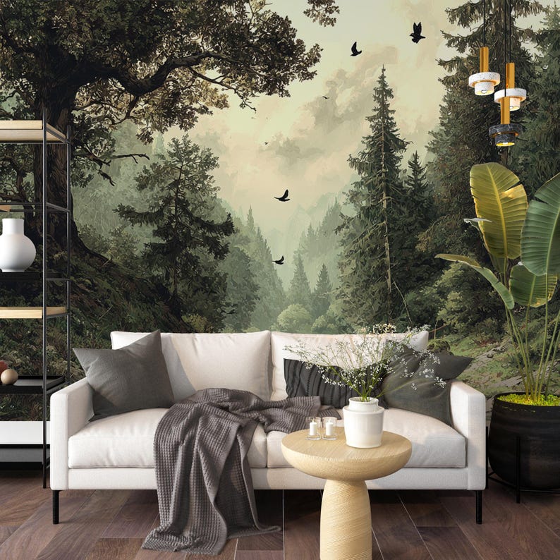 Landscape Wallpaper, Green Birds, Nature Tree Forest Wall Mural - Etsy