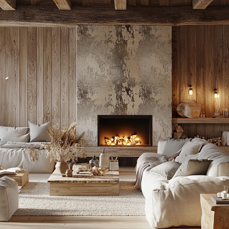 May include: A cozy living room with a fireplace, wooden beams, and light-colored furniture. The fireplace has a textured gray surround and a glowing fire. A wooden coffee table and a beige rug complete the warm, inviting space.