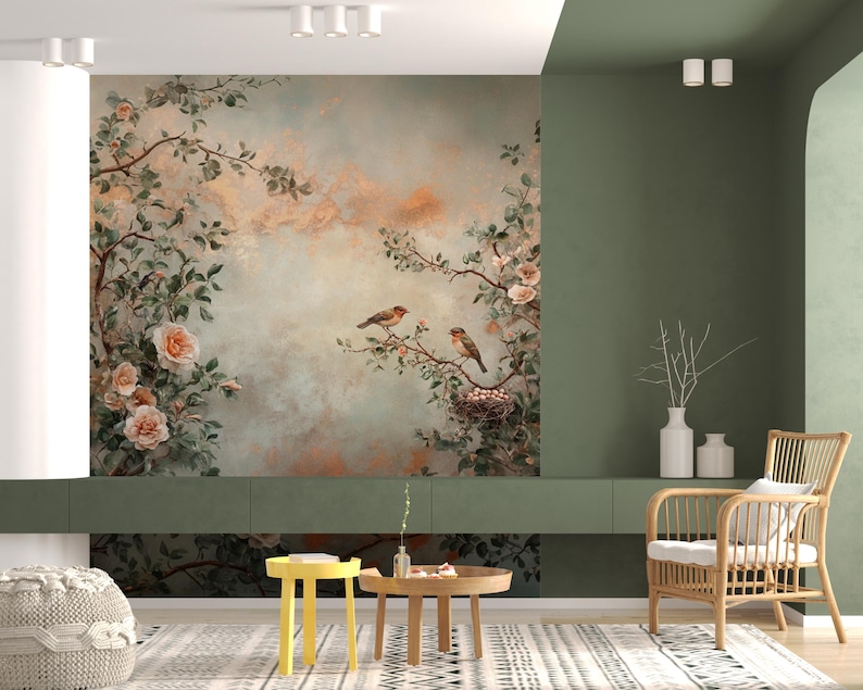 Chinoiserie Floral Bird Flower Romantic Rose Garden Wallpaper Murals - Etsy