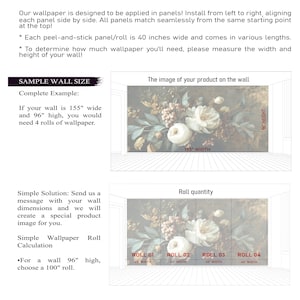 May include: Diagram showing wallpaper application instructions. The image displays a floral wallpaper design, with dimensions of 155 inches wide and 96 inches high. It also shows how to calculate the number of rolls needed, with each roll being 40 inches wide.