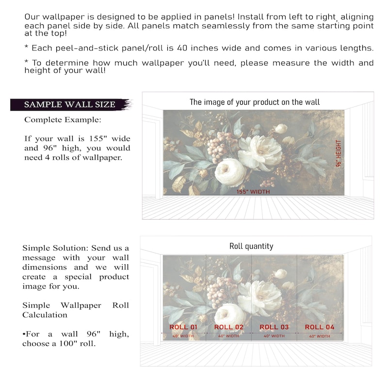 May include: Diagram showing wallpaper application instructions. The image displays a floral wallpaper design, with dimensions of 155 inches wide and 96 inches high. It also shows how to calculate the number of rolls needed, with each roll being 40 inches wide.
