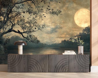 Vintage Moody Landscape Moonlight Scenery Dark Gothic Wallpaper Mural