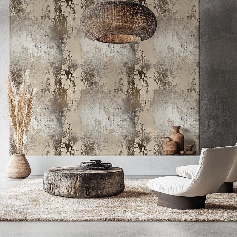 May include: A modern living room with neutral tones. The focal point is a large textured wall in shades of beige, brown, and gray. A woven pendant light hangs above a round wooden coffee table. White armchairs and a beige rug complete the space.
