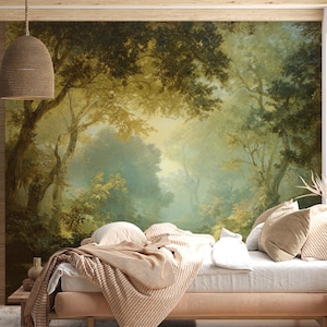 May include: A bedroom scene featuring a forest mural, a bed with beige bedding, and a woven pendant light. A potted plant and a small wooden side table with a vase add to the room's decor. The overall aesthetic is natural and serene.