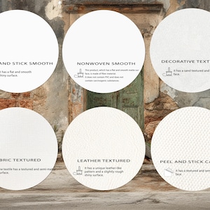 May include: Image showcasing six white circular labels with different textures and descriptions. The labels include "Peel and Stick Smooth," "Nonwoven Smooth," "Decorative Textured," "Fabric Textured," "Leather Textured," and "Peel and Stick Canvas."