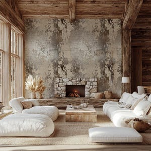 May include: A cozy living room with a rustic aesthetic. Features include a stone fireplace with a burning fire, a wooden coffee table, and white sofas. The walls have a distressed, textured finish, and the room is illuminated by natural light from large windows.