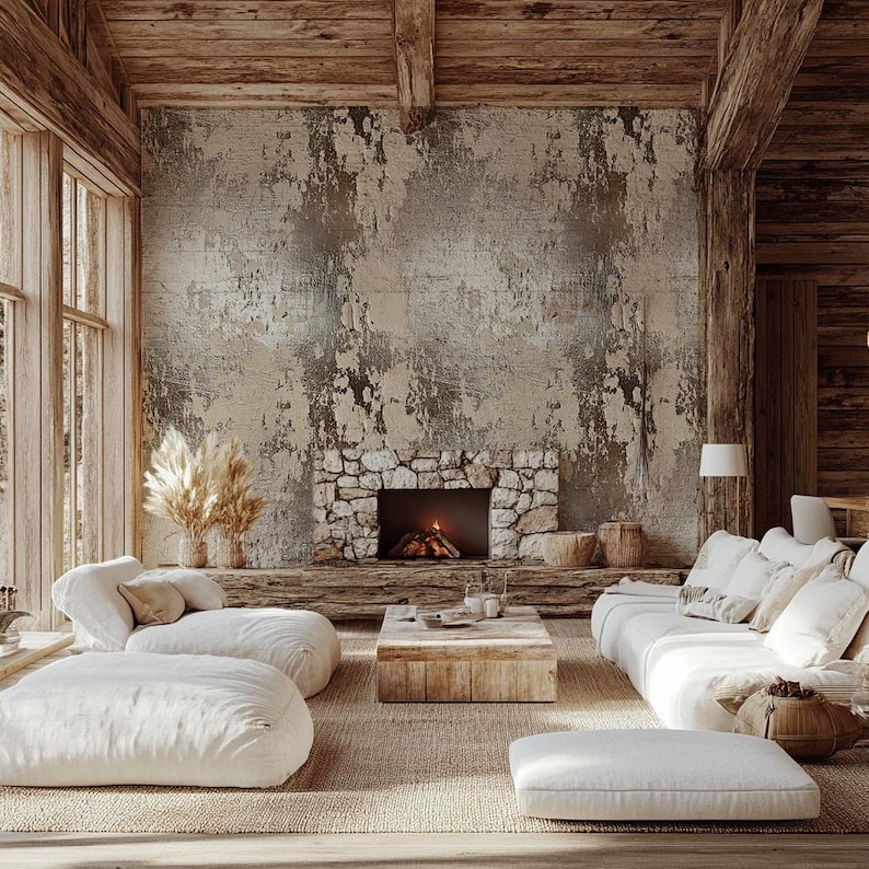 May include: A cozy living room with a rustic aesthetic. Features include a stone fireplace with a burning fire, a wooden coffee table, and white sofas. The walls have a distressed, textured finish, and the room is illuminated by natural light from large windows.