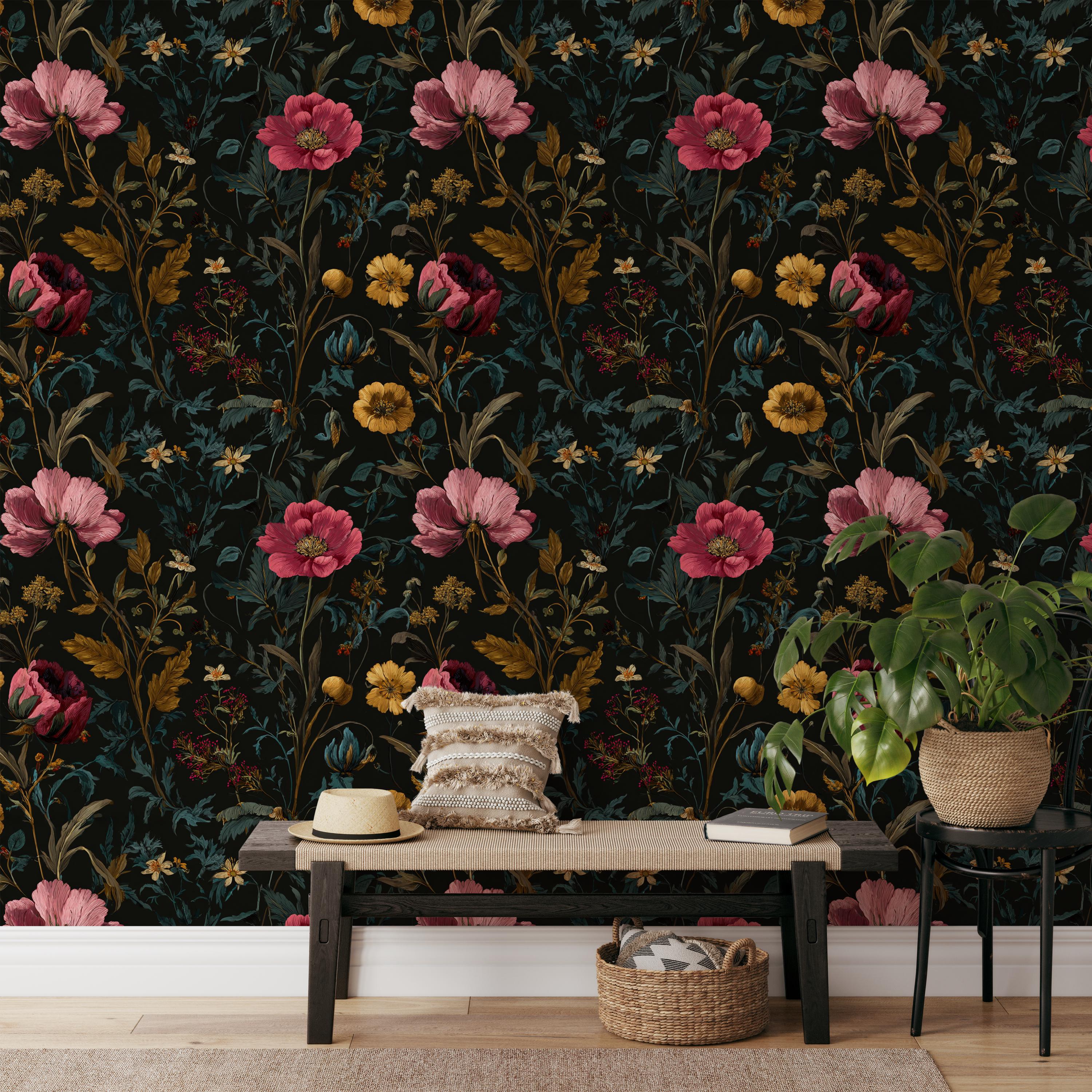 Dark Floral Wallpaper Black Purple Botanical Wall Mural Peel and Stick ...