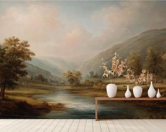 Serene Landscape Wallpaper, Green Birds, Nature Tree Forest Wall Mural