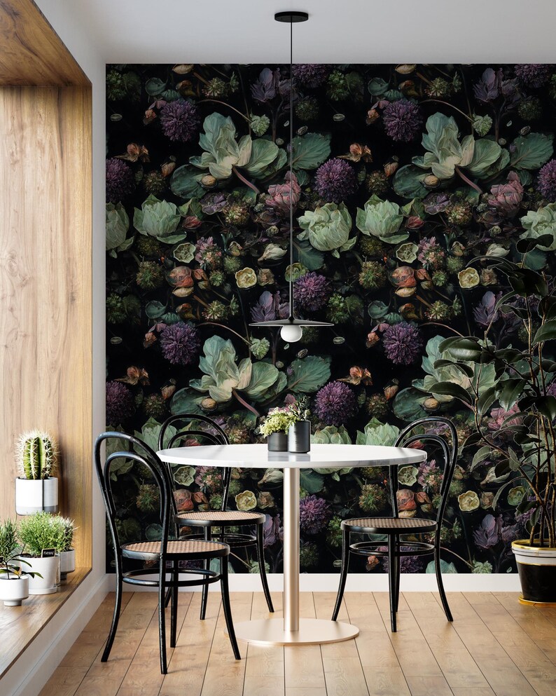 Dark Floral Wallpaper Black Purple Botanical Wall Mural | Peel and ...