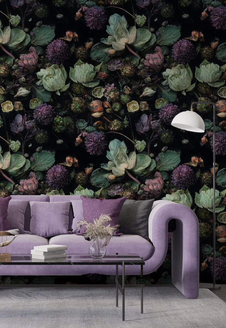 Dark Floral Wallpaper Black Purple Botanical Wall Mural | Peel and ...