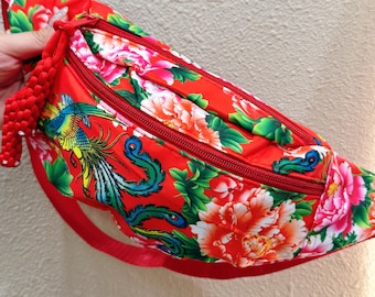 Red Floral Crossbody Bag - Large Flower Print Tote - Casual Shoulder Purse