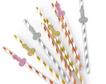 Bachelorette Party Straws, penis, Rose Gold & White, 6-Pack