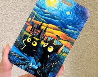 Cat Card Holder - Van Gogh Starry Night Style, ABS Plastic ID Badge Case