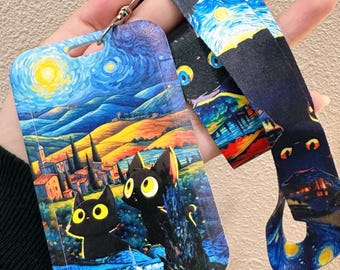 Cat Print Lanyard with ID Card Holder, Breakaway Neck Strap