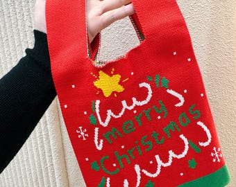 Christmas Crochet Knot Bag, Holiday Party Favor