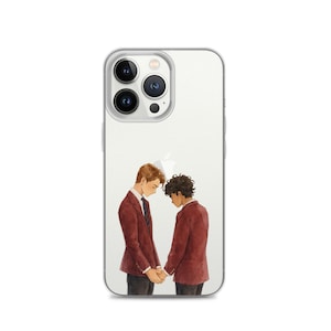 May include: A clear smartphone case featuring a watercolor-style illustration of two individuals standing face-to-face and holding hands. Both figures are wearing matching dark red blazers over white shirts and dark trousers.