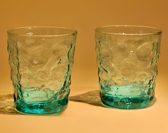 Par de vasos Anchor Hocking Milano “Lido” de vidrio color aguamarina / Vajilla texturizada de mediados de siglo (8 oz)